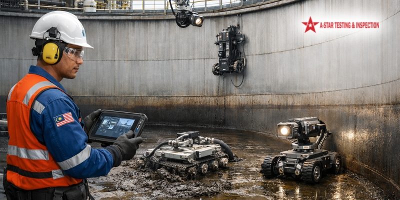 Industrial robotic cleaning system removing sludge from above-ground storage tanks in Malaysian refinery