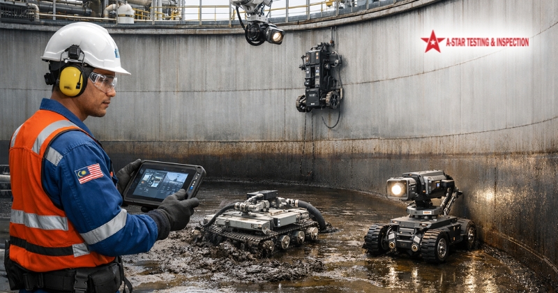 Industrial robotic cleaning system removing sludge from above-ground storage tanks in Malaysian refinery