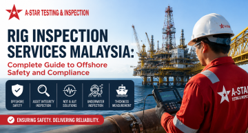 Rig inspection engineer performing offshore asset integrity inspection on an oil and gas platform in Malaysia using advanced NDT equipment for safety compliance and structural reliability.