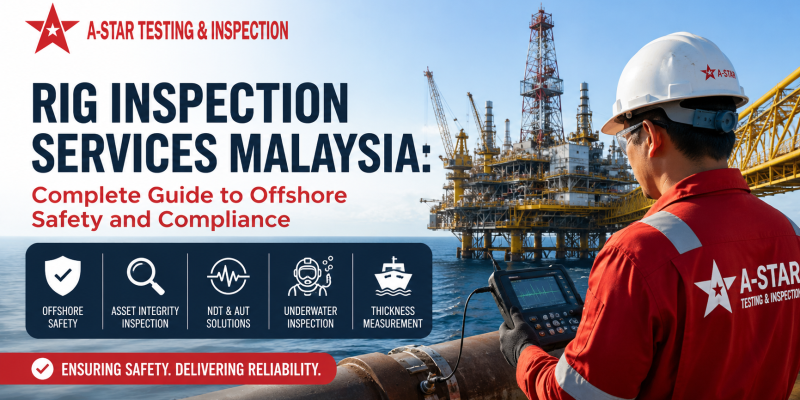 Rig inspection engineer performing offshore asset integrity inspection on an oil and gas platform in Malaysia using advanced NDT equipment for safety compliance and structural reliability.