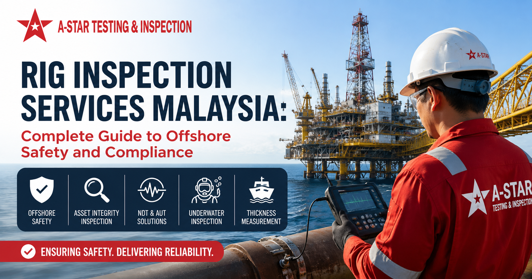 Rig inspection engineer performing offshore asset integrity inspection on an oil and gas platform in Malaysia using advanced NDT equipment for safety compliance and structural reliability.